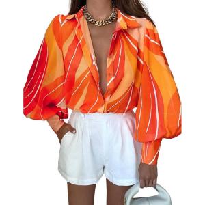 imageZeagoo Womens Shirts Button Down Printed Lantern Long Sleeve Blouse Fashion Casual Tops 2025B Orange