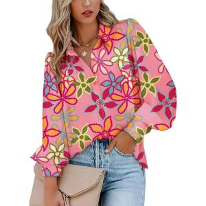imageZeagoo Womens Shirts Button Down Printed Lantern Long Sleeve Blouse Fashion Casual Tops 2025B Pink Floral