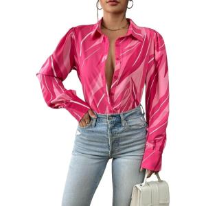 imageZeagoo Womens Shirts Button Down Printed Lantern Long Sleeve Blouse Fashion Casual Tops 2025B Pink Rowena