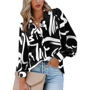 imageZeagoo Womens Shirts Button Down Printed Lantern Long Sleeve Blouse Fashion Casual Tops 2025B York Black
