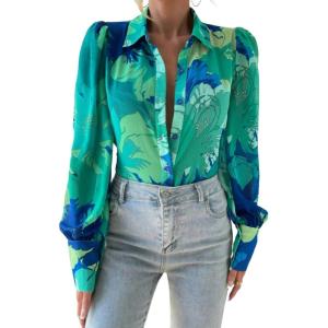 imageZeagoo Womens Shirts Button Down Printed Lantern Long Sleeve Blouse Fashion Casual Tops 2025B2 Blue Paradise