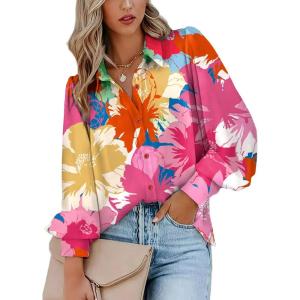 imageZeagoo Womens Shirts Button Down Printed Lantern Long Sleeve Blouse Fashion Casual Tops 2025B2 Hot Pink Floral