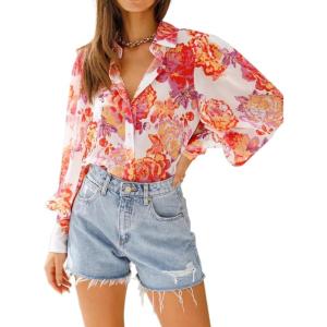 imageZeagoo Womens Shirts Button Down Printed Lantern Long Sleeve Blouse Fashion Casual Tops 2025B2 Orange Floral