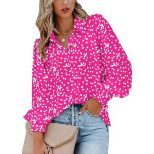 imageZeagoo Womens Shirts Button Down Printed Lantern Long Sleeve Blouse Fashion Casual Tops 2025B2 Pink Dot