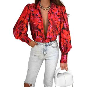 imageZeagoo Womens Shirts Button Down Printed Lantern Long Sleeve Blouse Fashion Casual Tops 2025B2 Stelani Red