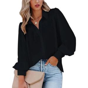 imageZeagoo Womens Shirts Button Down Printed Lantern Long Sleeve Blouse Fashion Casual Tops 2025C Black
