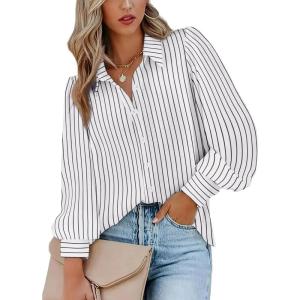 imageZeagoo Womens Shirts Button Down Printed Lantern Long Sleeve Blouse Fashion Casual Tops 2025C Black Stripe