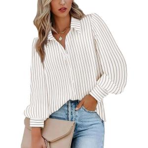 imageZeagoo Womens Shirts Button Down Printed Lantern Long Sleeve Blouse Fashion Casual Tops 2025C Khaki Stripe