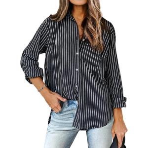 imageZeagoo Womens Shirts Button Down Printed Lantern Long Sleeve Blouse Fashion Casual Tops 2025C Navy Blue Stripe