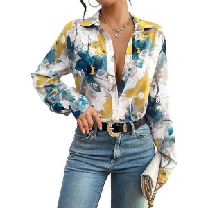imageZeagoo Womens Shirts Button Down Printed Lantern Long Sleeve Blouse Fashion Casual Tops 2025C Painting
