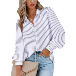 imageZeagoo Womens Shirts Button Down Printed Lantern Long Sleeve Blouse Fashion Casual Tops 2025C Purple Stripe