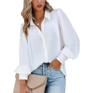 imageZeagoo Womens Shirts Button Down Printed Lantern Long Sleeve Blouse Fashion Casual Tops 2025C White
