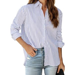 imageZeagoo Womens Shirts Button Down Printed Lantern Long Sleeve Blouse Fashion Casual Tops 2025C1 Blue Stripe