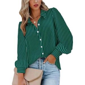 imageZeagoo Womens Shirts Button Down Printed Lantern Long Sleeve Blouse Fashion Casual Tops 2025C1 Green Stripe