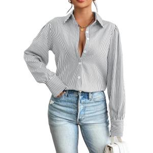 imageZeagoo Womens Shirts Button Down Printed Lantern Long Sleeve Blouse Fashion Casual Tops 2025D Stripe Grey