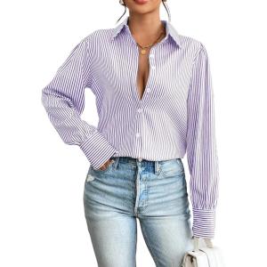 imageZeagoo Womens Shirts Button Down Printed Lantern Long Sleeve Blouse Fashion Casual Tops 2025D Stripe Purple