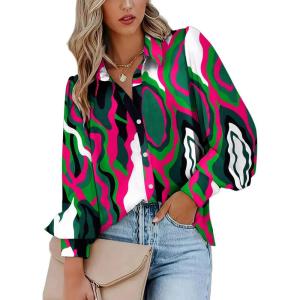 imageZeagoo Womens Shirts Button Down Printed Lantern Long Sleeve Blouse Fashion Casual Tops 2025Green Painting