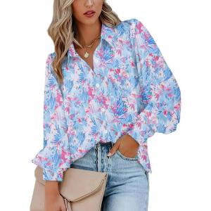 imageZeagoo Womens Shirts Button Down Printed Lantern Long Sleeve Blouse Fashion Casual Tops 2025Multi Blue