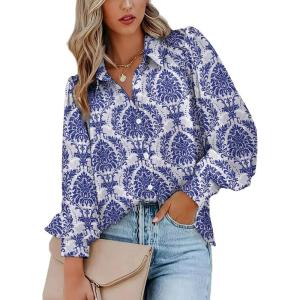 imageZeagoo Womens Shirts Button Down Printed Lantern Long Sleeve Blouse Fashion Casual Tops 2025Multi Dark Blue