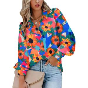 imageZeagoo Womens Shirts Button Down Printed Lantern Long Sleeve Blouse Fashion Casual Tops 2025Multi Orange