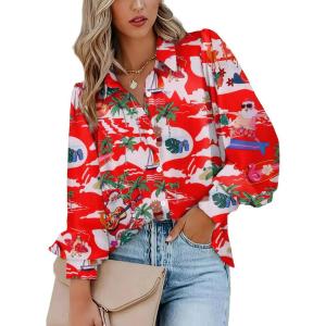 imageZeagoo Womens Shirts Button Down Printed Lantern Long Sleeve Blouse Fashion Casual Tops 2025Multi Red