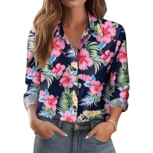 imageZeagoo Button Down Shirts for Women Dressy Floral Printed Long Sleeve Blouse Business Casual Work TopsHf60