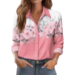 imageZeagoo Button Down Shirts for Women Dressy Floral Printed Long Sleeve Blouse Business Casual Work TopsPink Flower