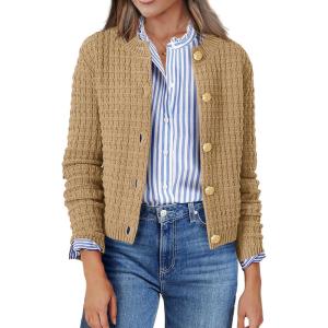imageZeagoo Womens 2025 Cardigan Sweaters Button Down Crew Neck Open Front Long Sleeve Knit Cropped JacketsAkhaki
