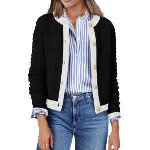 imageZeagoo Womens 2025 Cardigan Sweaters Button Down Crew Neck Open Front Long Sleeve Knit Cropped JacketsColor Block Black