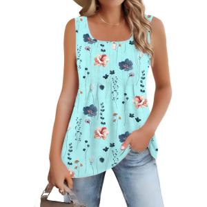 imageZeagoo Womens Summer Tank Tops 2025 Pleated Square Neck Loose Fit Casual Flowy Tunic Sleeveless ShirtsBlue Yellow Flowers