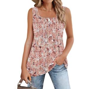 imageZeagoo Womens Summer Tank Tops 2025 Pleated Square Neck Loose Fit Casual Flowy Tunic Sleeveless ShirtsFloral Brown