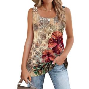 imageZeagoo Womens Summer Tank Tops 2025 Pleated Square Neck Loose Fit Casual Flowy Tunic Sleeveless ShirtsRed Flower