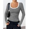 imageZeagoo Womens Long Sleeve Scoop Neck Shirts Casual Slim Fit Rib Knit Tops Summer Fall Basic Business Work TeeBlack White Stripe