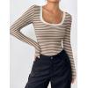 imageZeagoo Womens Long Sleeve Scoop Neck Shirts Casual Slim Fit Rib Knit Tops Summer Fall Basic Business Work TeeBrown White Stripe
