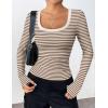 imageZeagoo Womens Long Sleeve Scoop Neck Shirts Casual Slim Fit Rib Knit Tops Summer Fall Basic Business Work TeeBrown White Stripe