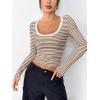 imageZeagoo Womens Long Sleeve Scoop Neck Shirts Casual Slim Fit Rib Knit Tops Summer Fall Basic Business Work TeeBrown White Stripe