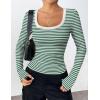 imageZeagoo Womens Long Sleeve Scoop Neck Shirts Casual Slim Fit Rib Knit Tops Summer Fall Basic Business Work TeeGreen White Stripe