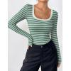 imageZeagoo Womens Long Sleeve Scoop Neck Shirts Casual Slim Fit Rib Knit Tops Summer Fall Basic Business Work TeeGreen White Stripe