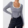 imageZeagoo Womens Long Sleeve Scoop Neck Shirts Casual Slim Fit Rib Knit Tops Summer Fall Basic Business Work TeeNavy White Stripe