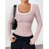 imageZeagoo Womens Long Sleeve Scoop Neck Shirts Casual Slim Fit Rib Knit Tops Summer Fall Basic Business Work TeePink White Stripe
