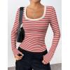 imageZeagoo Womens Long Sleeve Scoop Neck Shirts Casual Slim Fit Rib Knit Tops Summer Fall Basic Business Work TeeRed White Stripe