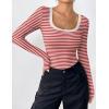 imageZeagoo Womens Long Sleeve Scoop Neck Shirts Casual Slim Fit Rib Knit Tops Summer Fall Basic Business Work TeeRed White Stripe