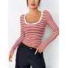 imageZeagoo Womens Long Sleeve Scoop Neck Shirts Casual Slim Fit Rib Knit Tops Summer Fall Basic Business Work TeeRed White Stripe