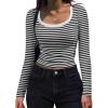 imageZeagoo Womens Long Sleeve Scoop Neck Shirts Casual Slim Fit Rib Knit Tops Summer Fall Basic Business Work TeeBlack White Stripe