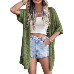 imageZeagoo Lightweight Summer Crochet Cardigan for Women Short Sleeve Kimono Boho Oversized Open Front Knitted CardiganArmy Green