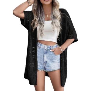 imageZeagoo Lightweight Summer Crochet Cardigan for Women Short Sleeve Kimono Boho Oversized Open Front Knitted CardiganBlack