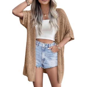 imageZeagoo Lightweight Summer Crochet Cardigan for Women Short Sleeve Kimono Boho Oversized Open Front Knitted CardiganBrown