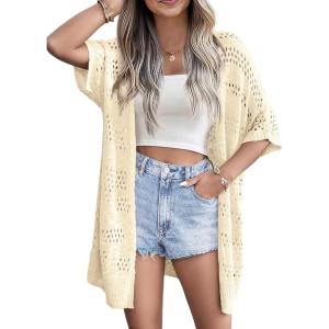 imageZeagoo Lightweight Summer Crochet Cardigan for Women Short Sleeve Kimono Boho Oversized Open Front Knitted CardiganCream Beige