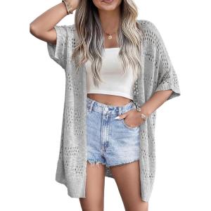 imageZeagoo Lightweight Summer Crochet Cardigan for Women Short Sleeve Kimono Boho Oversized Open Front Knitted CardiganGrey