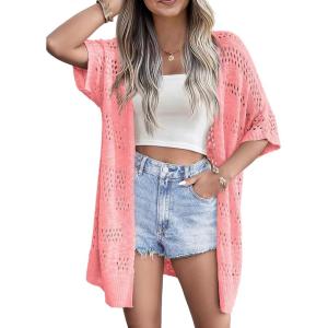 imageZeagoo Lightweight Summer Crochet Cardigan for Women Short Sleeve Kimono Boho Oversized Open Front Knitted CardiganPink